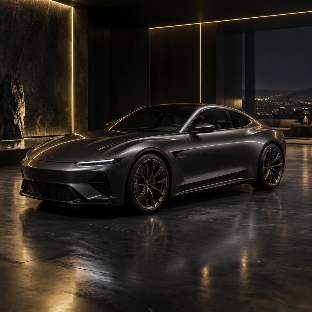 Real-time rendered dark grey luxury coupe in a gold-lit minimalist virtual showroom with reflective floor