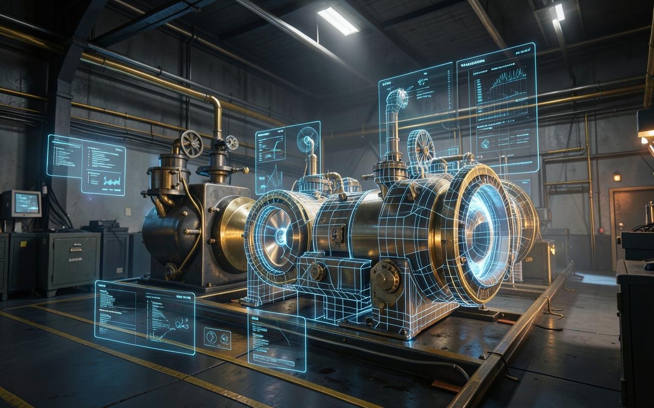 Real-time 3D digital twin of a smart factory with glowing wireframe overlay and holographic data panels
